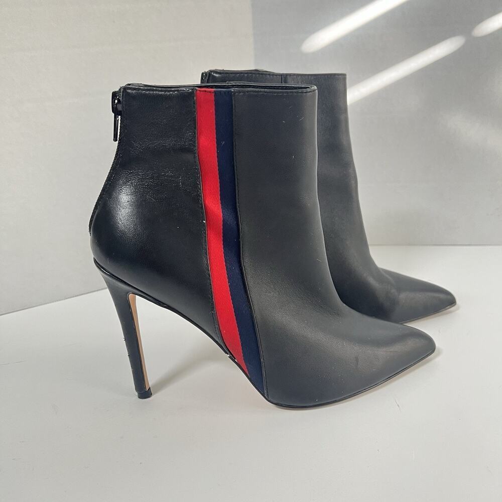 Steve Madden Vira Mid High 4” Heeled Boots Size 7 Black Leather Stripes Red Blue - Picture 3 of 12